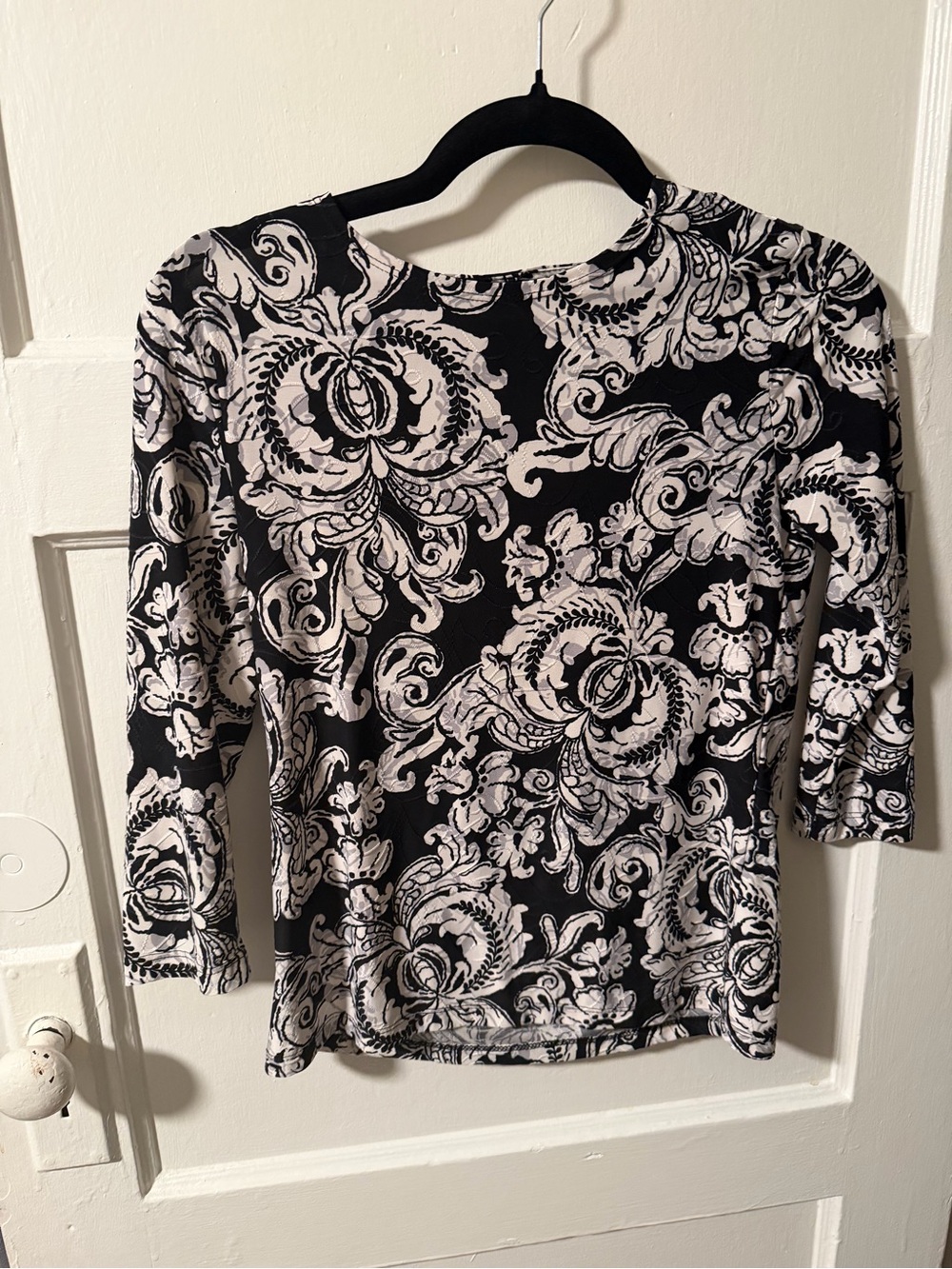JM Collection Black and White Floral Scroll 3/4 Sleeve Top Sz PP Office